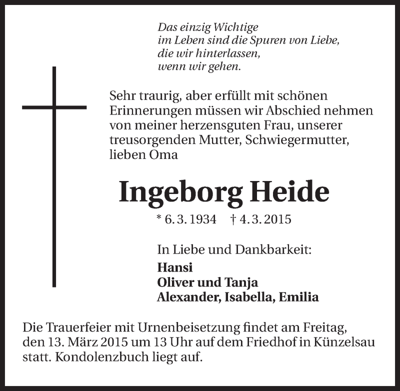  Traueranzeige für Ingeborg Heide vom 11.03.2015 aus 