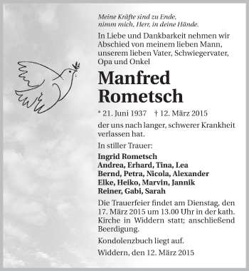 Traueranzeige von Manfred Rometsch 