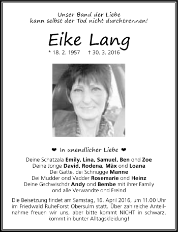 Traueranzeige von Eike Lang 