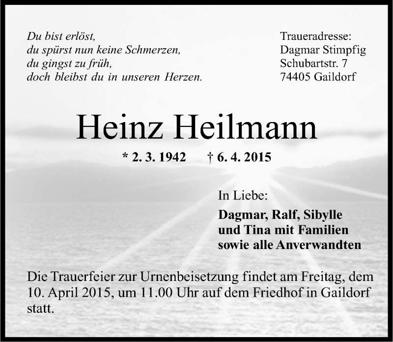  Traueranzeige für Heinz Heilmann vom 08.04.2015 aus 