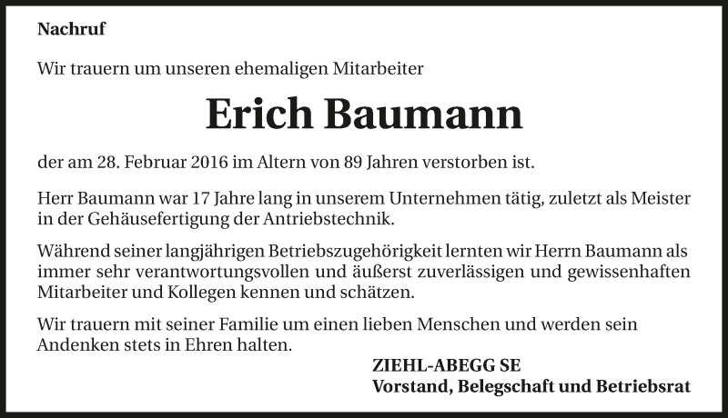  Traueranzeige für Erich Baumann vom 03.03.2016 aus 