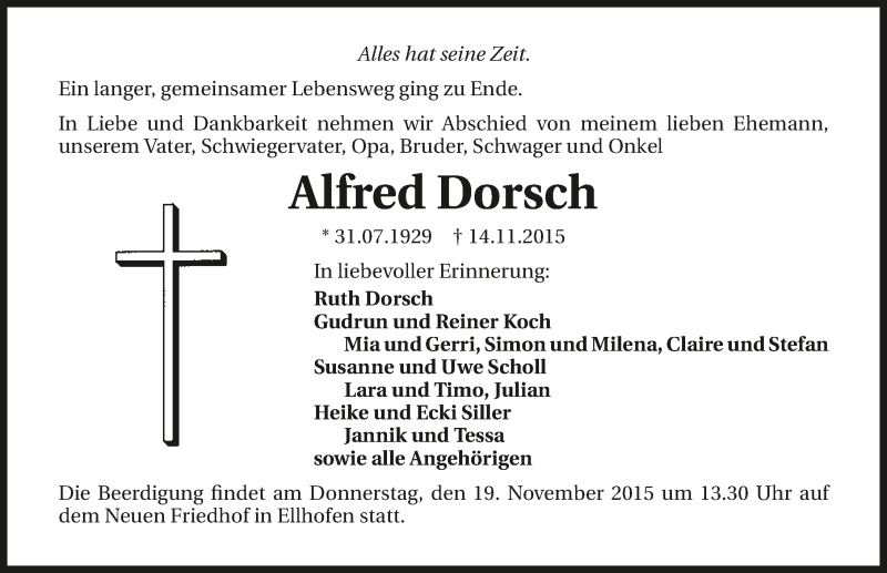  Traueranzeige für Alfred Dorsch vom 17.11.2015 aus 