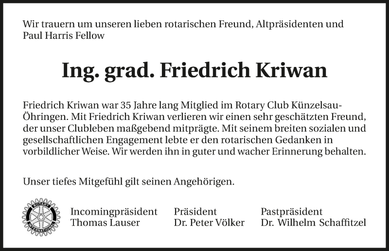  Traueranzeige für Friedrich Kriwan vom 30.06.2015 aus 