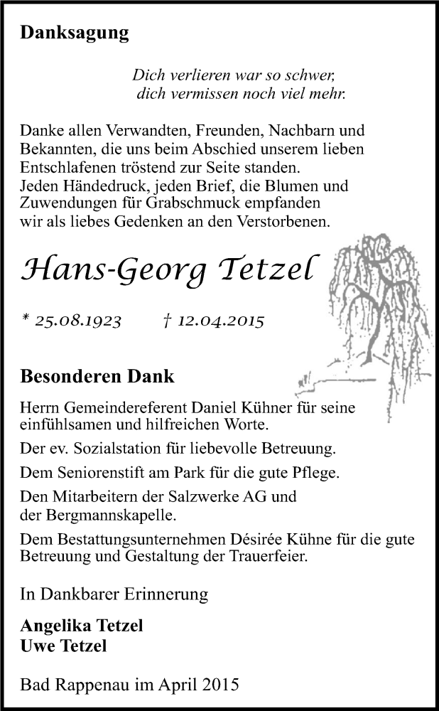  Traueranzeige für Hans-Georg Tetzel vom 25.04.2015 aus 