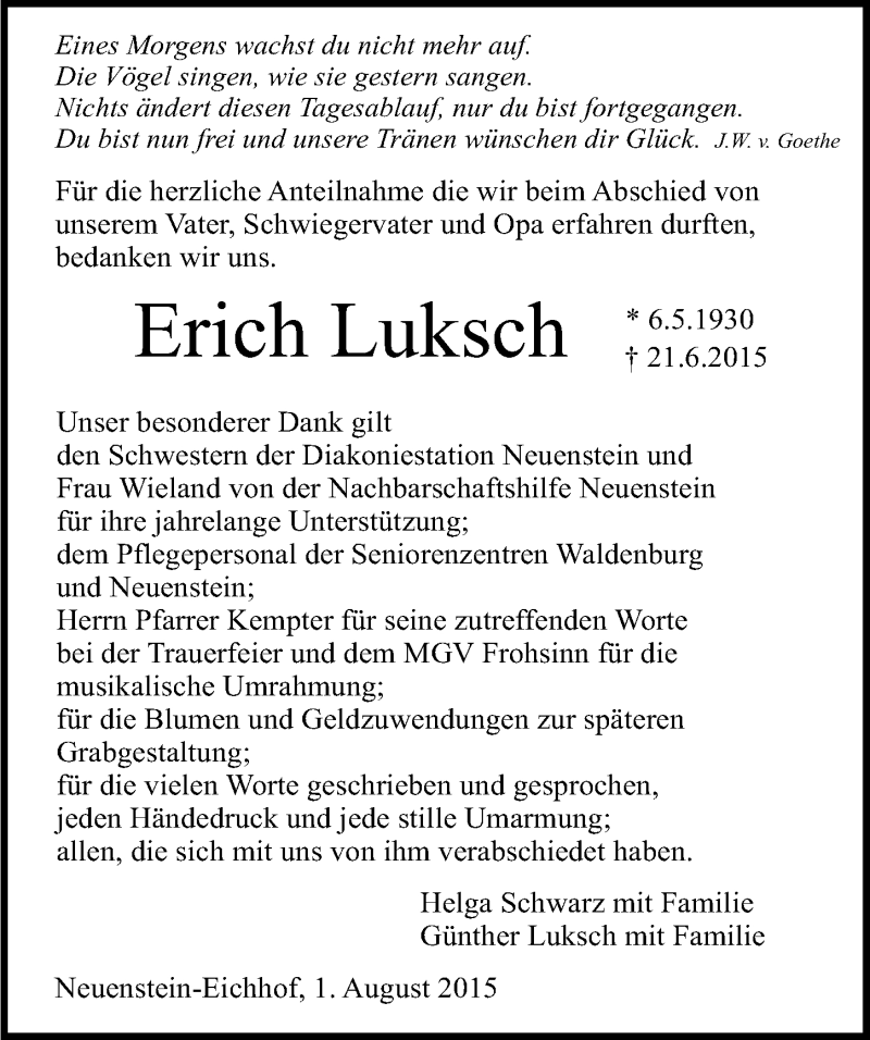  Traueranzeige für Erich Luksch vom 01.08.2015 aus 