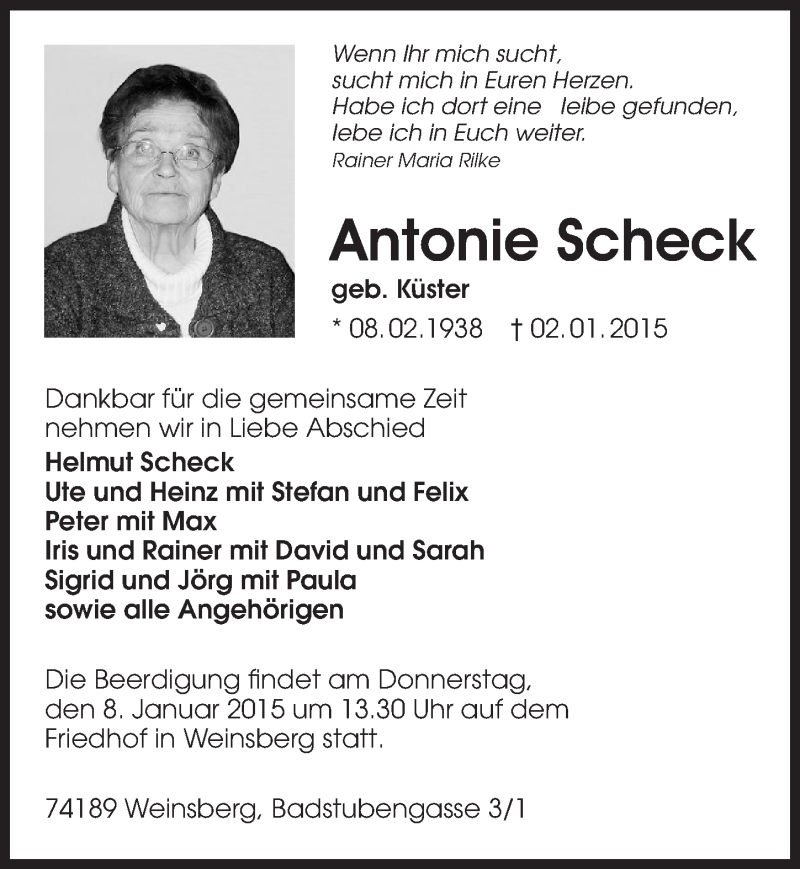  Traueranzeige für Antonie Scheck vom 05.01.2015 aus 