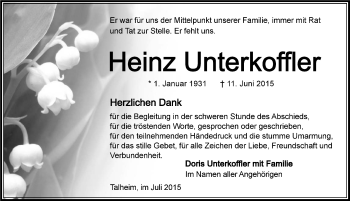 Traueranzeige von Heinz Unterkoffler 