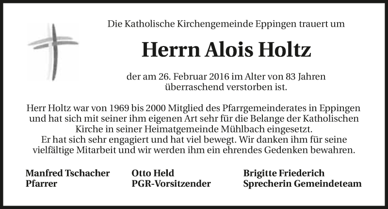  Traueranzeige für Alois Holtz vom 01.03.2016 aus 