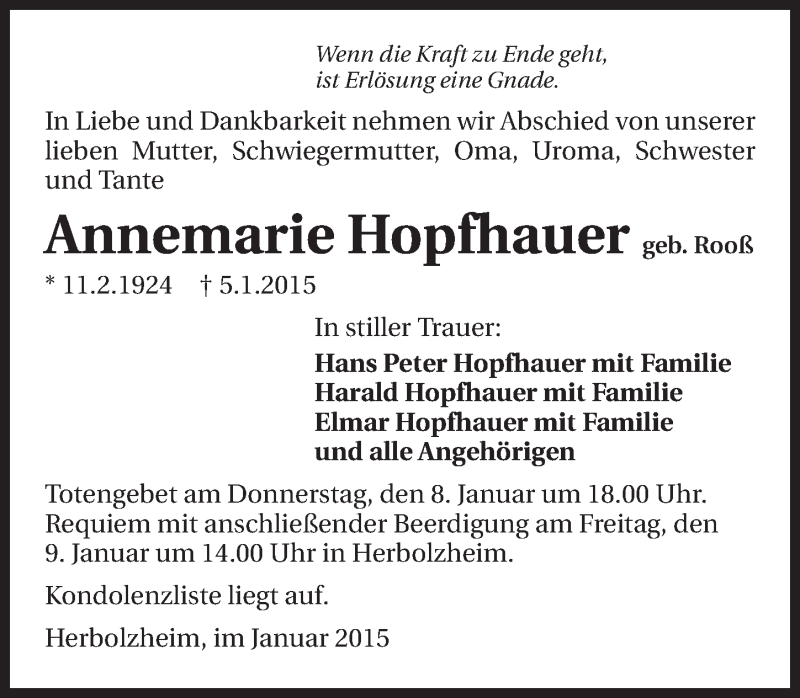  Traueranzeige für Annemarie Hopfhauer vom 08.01.2015 aus 