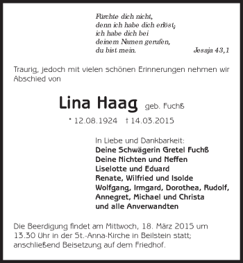 Traueranzeige von Lina Haag 