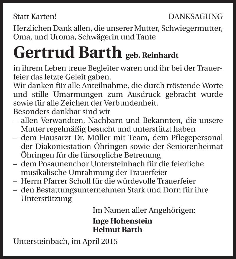  Traueranzeige für Gertrud Barth vom 14.04.2015 aus 