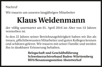 Traueranzeige von Klaus Weidenmann 