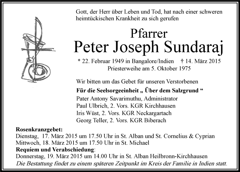  Traueranzeige für Peter Joseph Sundaraj vom 17.03.2015 aus 
