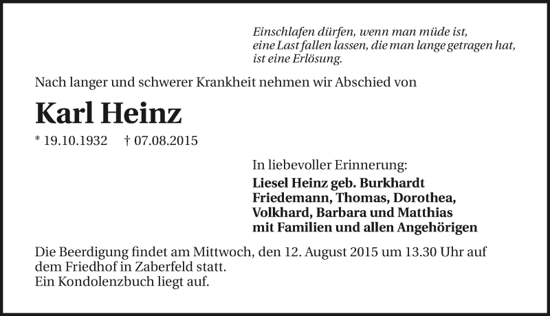  Traueranzeige für Karl Heinz vom 10.08.2015 aus 