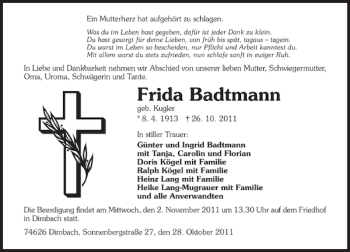 Traueranzeige von Frida geb. Kugler Badtmann 