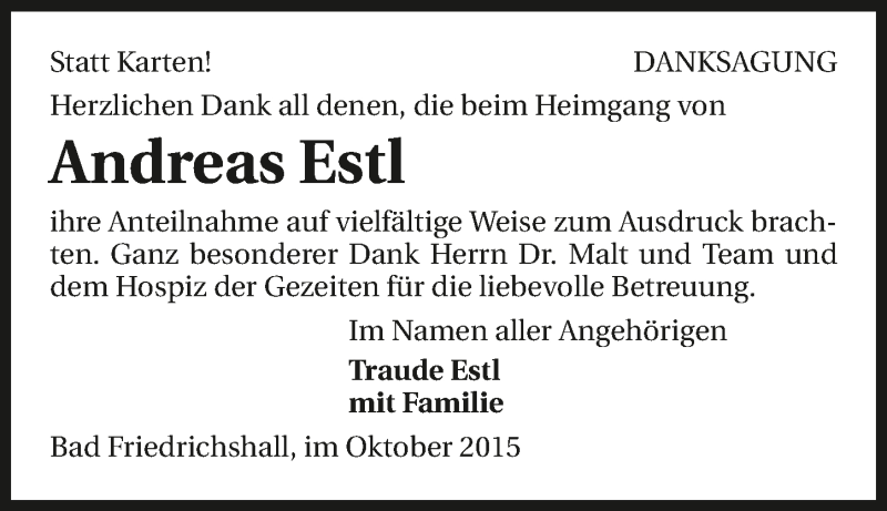  Traueranzeige für Andreas Estl vom 13.10.2015 aus 