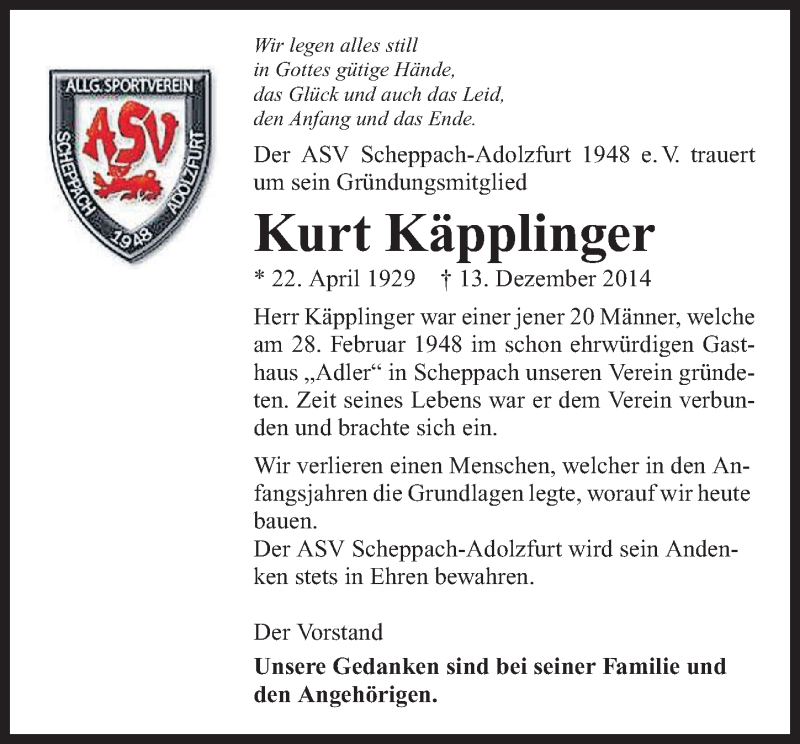  Traueranzeige für Kurt Käpplinger vom 20.12.2014 aus 