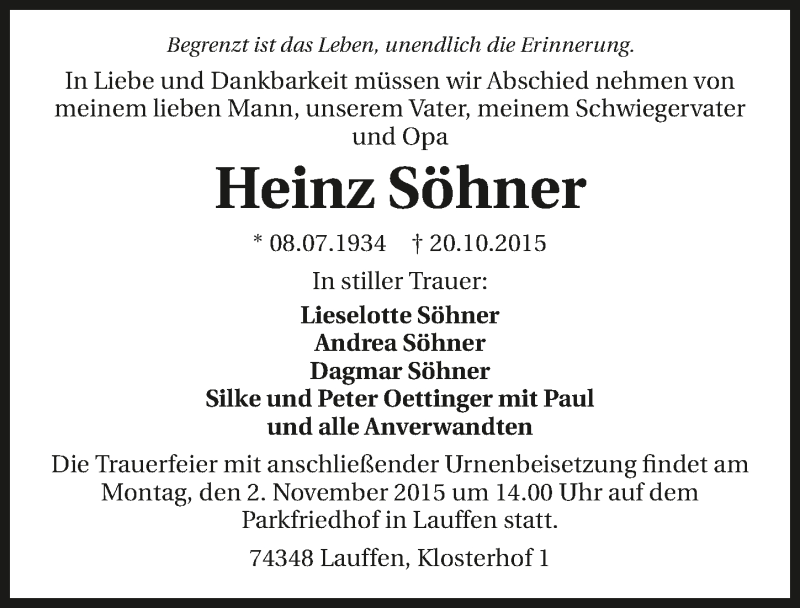  Traueranzeige für Heinz Söhner vom 28.10.2015 aus 