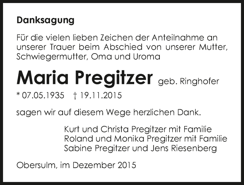  Traueranzeige für Maria Pregitzer vom 01.12.2015 aus 