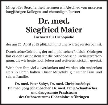 Traueranzeige von Siegfried Maier 