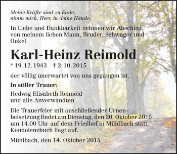 Traueranzeige von Karl-Heinz Reimold 