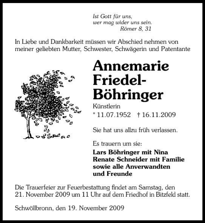  Traueranzeige für Annemarie Friedel-Böhringer vom 19.11.2009 aus 
