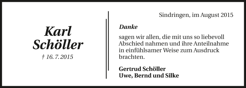  Traueranzeige für Karl Schöller vom 29.08.2015 aus 