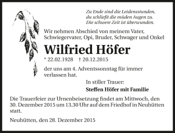 Traueranzeige von Wilfried Höfer 