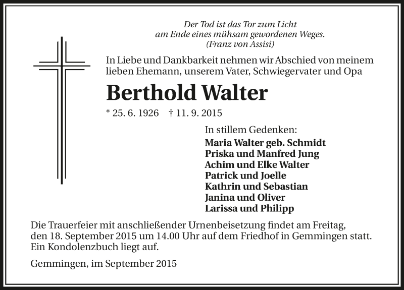  Traueranzeige für Berthold Walter vom 15.09.2015 aus 