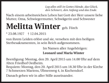 Traueranzeige von Melitta Winter 