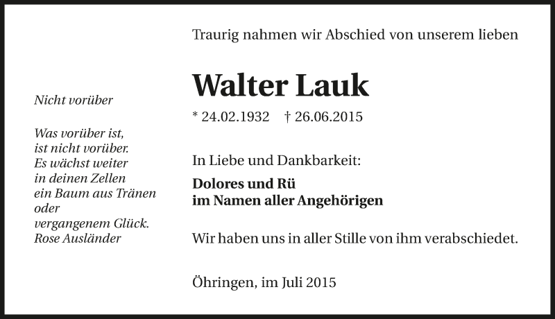  Traueranzeige für Walter Lauk vom 03.07.2015 aus 