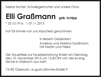 Traueranzeige von Elli Graßmann 