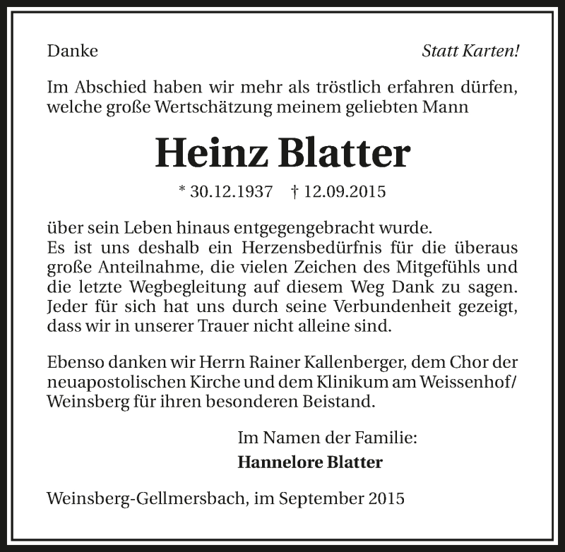  Traueranzeige für Heinz Blatter vom 30.09.2015 aus 
