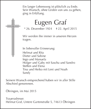 Traueranzeige von Eugen Graf 