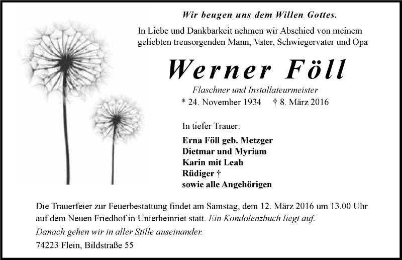  Traueranzeige für Werner Föll vom 10.03.2016 aus 