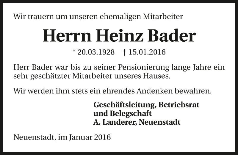  Traueranzeige für Heinz Bader vom 22.01.2016 aus 