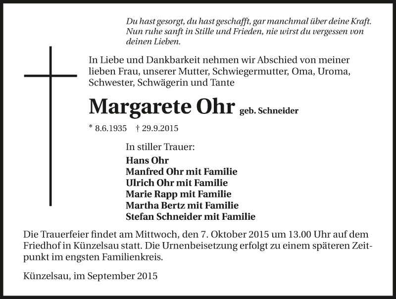  Traueranzeige für Margarete Ohr vom 02.10.2015 aus 