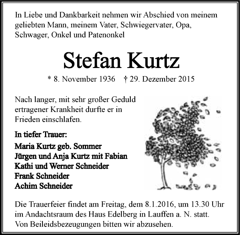  Traueranzeige für Stefan Kurtz vom 02.01.2016 aus 