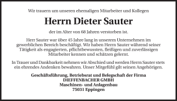 Traueranzeige von Dieter Sauter 