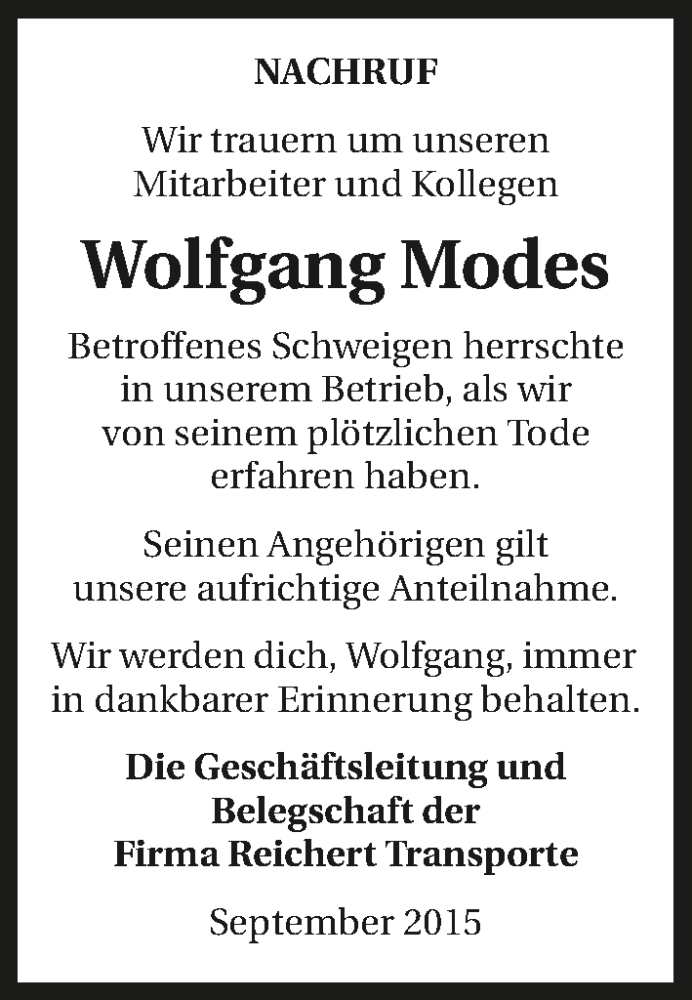  Traueranzeige für Wolfgang Modes vom 05.10.2015 aus 