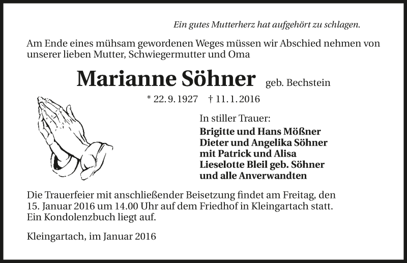  Traueranzeige für Marianne Söhner vom 13.01.2016 aus 