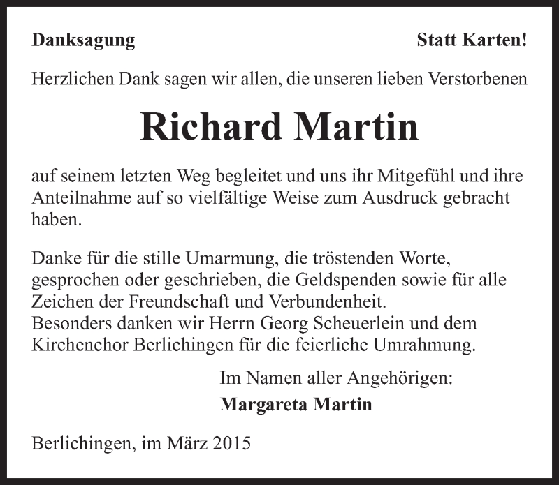  Traueranzeige für Richard Martin vom 21.03.2015 aus 