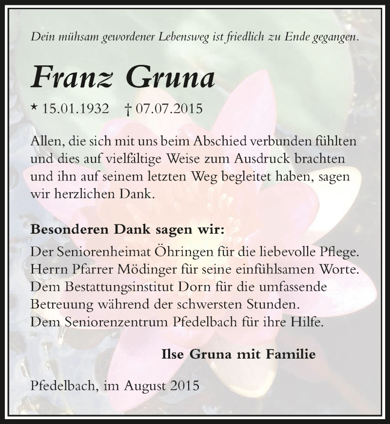  Traueranzeige für Franz Gruna vom 29.08.2015 aus 