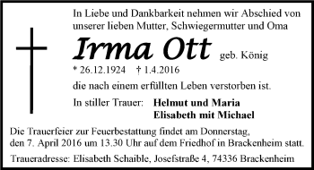Traueranzeige von Irma Ott 