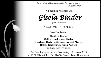 Traueranzeige von Gisela Binder 