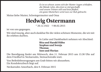 Traueranzeige von Hedwig Ostermann 