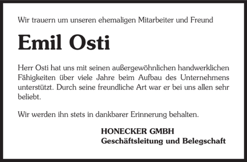  Traueranzeige für Emil Osti vom 23.08.2011 aus 
