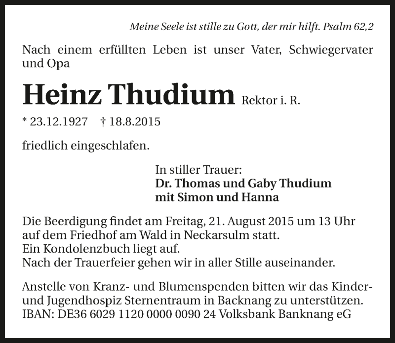 Traueranzeige für Heinz Thudium vom 20.08.2015 aus 
