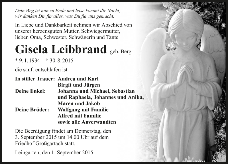  Traueranzeige für Gisela Leibbrand vom 01.09.2015 aus 