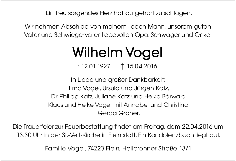  Traueranzeige für Wilhelm Vogel vom 19.04.2016 aus 
